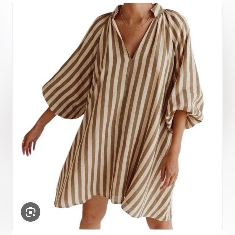 Magaschoni Olive and Cream Striped Mini Dress